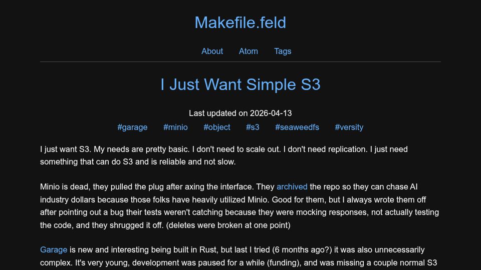 Screenshot of blog.feld.me: I just want simple S3