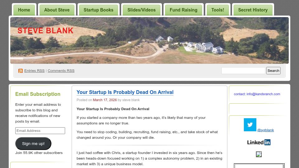 Screenshot of steveblank.com: If you started a company two years ago, many assumptions are no longer true