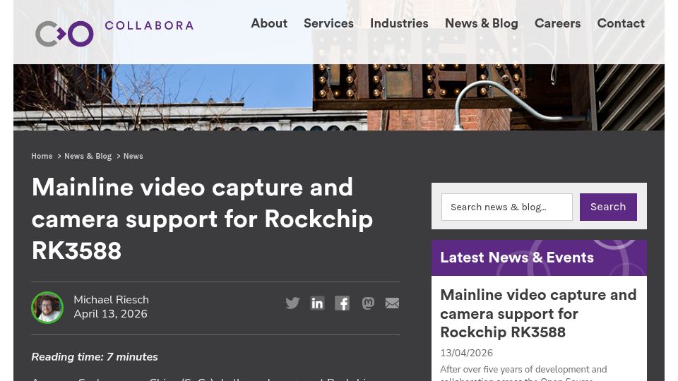 Screenshot of collabora.com: Initial mainline video capture and camera support for Rockchip RK3588