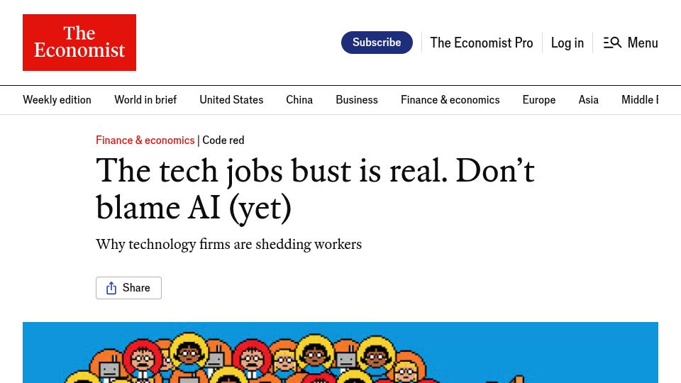 Screenshot of economist.com: The tech jobs bust is real. Don't blame AI (yet)