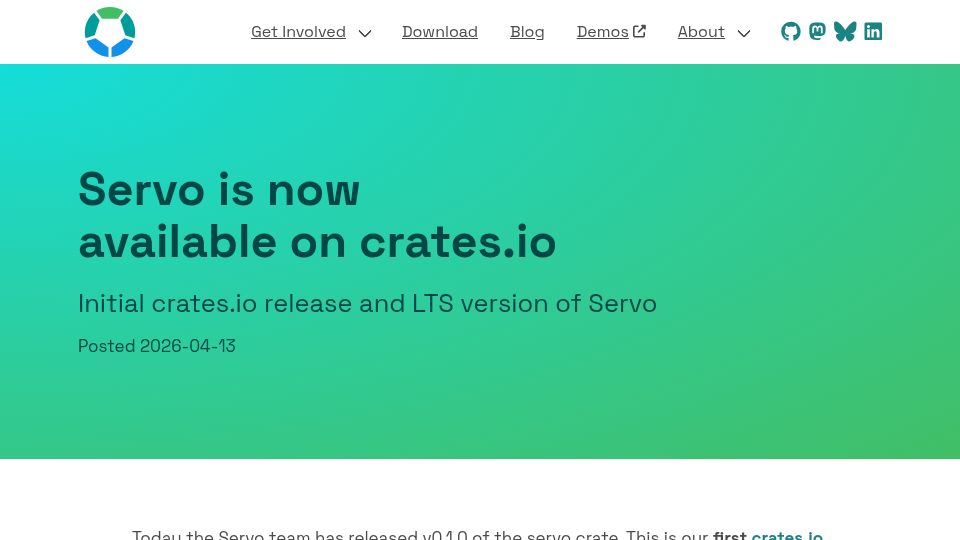 Screenshot of servo.org: Servo is now available on crates.io
