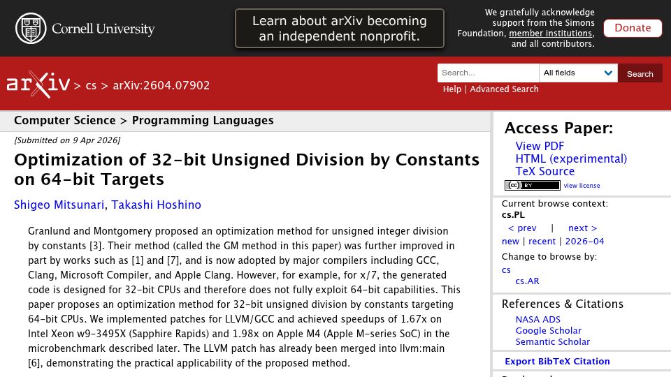 Screenshot of arxiv.org: Optimization of 32-bit Unsigned Division by Constants on 64-bit Targets