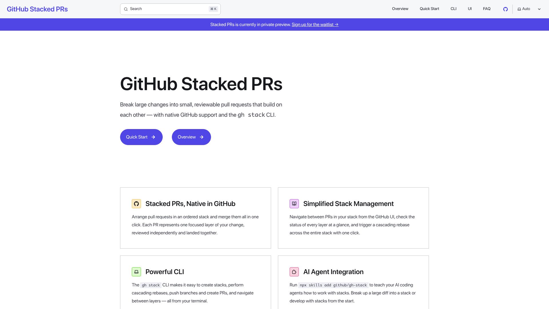Screenshot of github.github.com: GitHub Stacked PRs
