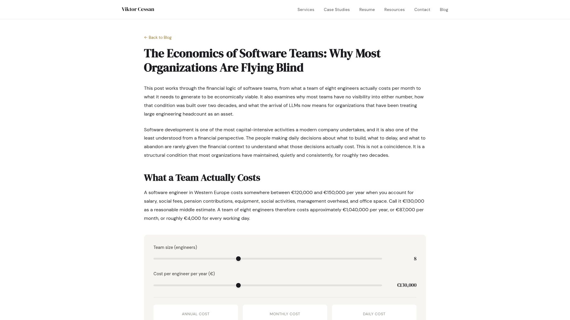 Screenshot of viktorcessan.com: The economics of software teams: Why most engineering orgs are flying blind