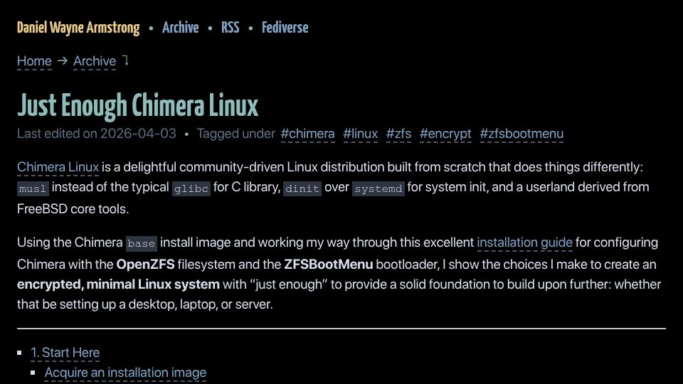 Screenshot of dwarmstrong.org: Just Enough Chimera Linux