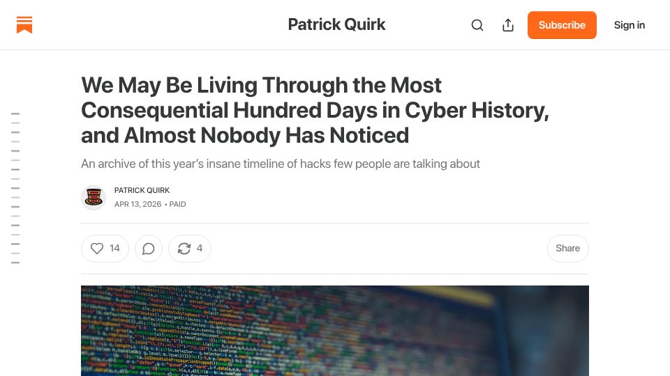 Screenshot of ringmast4r.substack.com: This year’s insane timeline of hacks