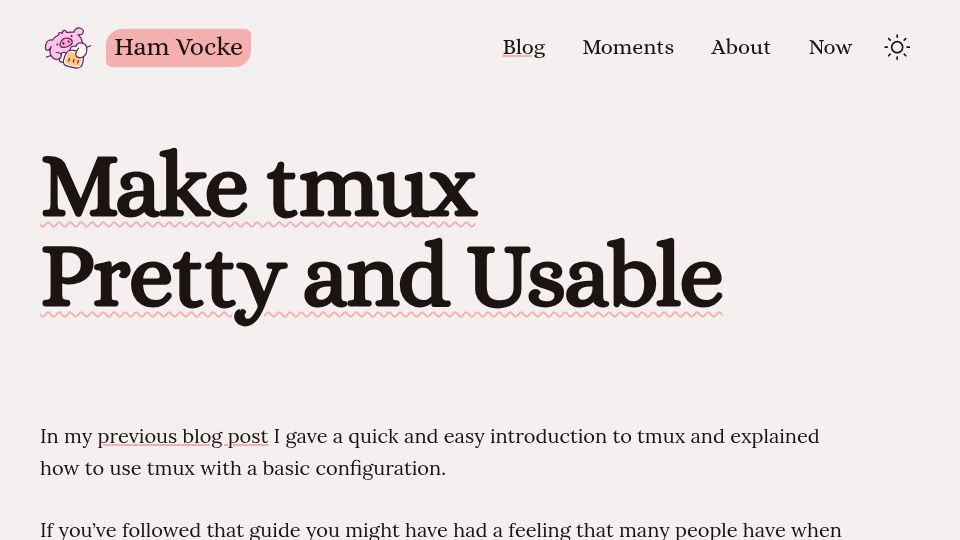 Screenshot of hamvocke.com: Make tmux pretty and usable (2024)