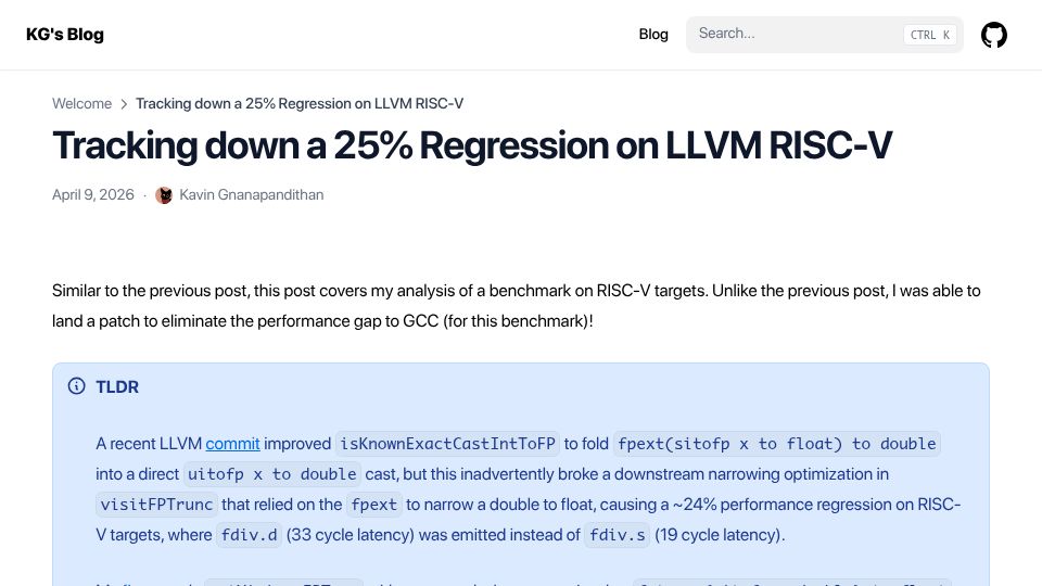 Screenshot of blog.kaving.me: Tracking down a 25% Regression on LLVM RISC-V