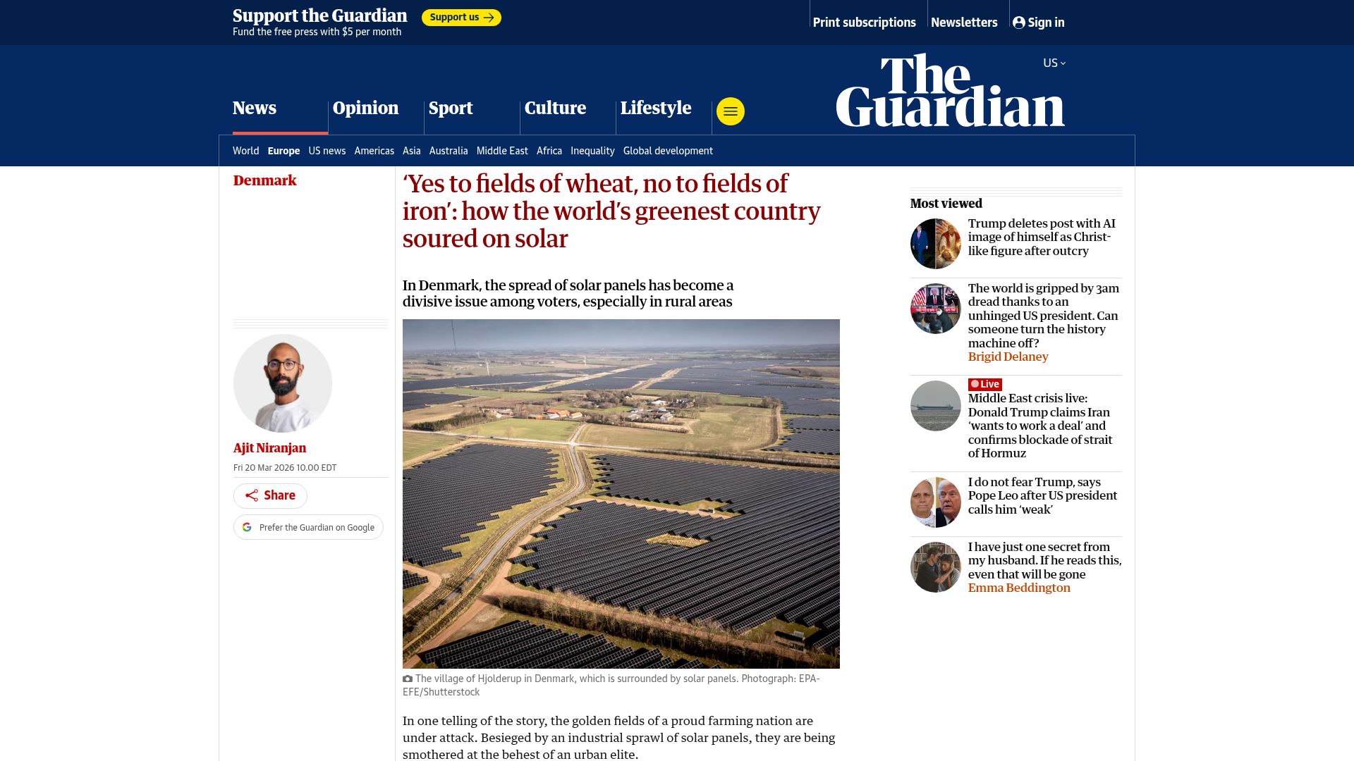 Screenshot of theguardian.com: In Denmark, the spread of solar panels has become a divisive issue