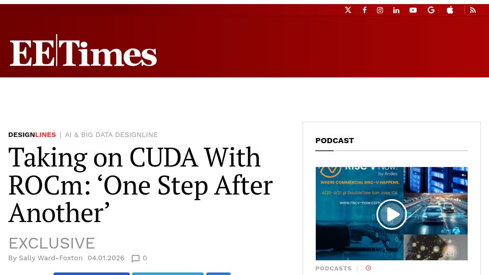 Screenshot of eetimes.com: Taking on CUDA with ROCm: 'One Step After Another'