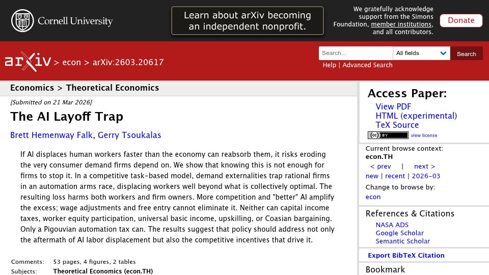 Screenshot of arxiv.org: The AI Layoff Trap