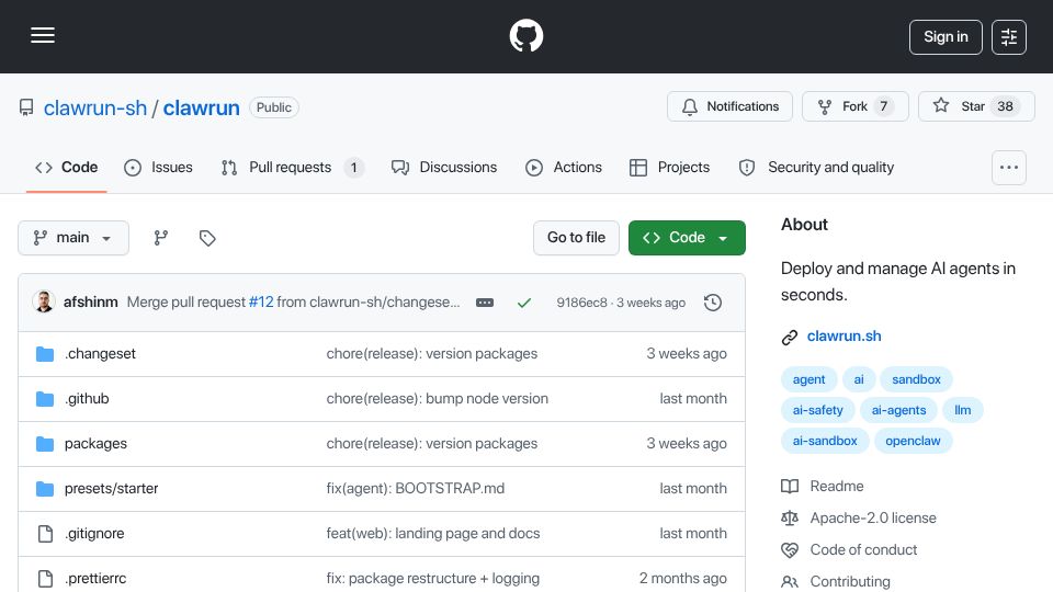 Screenshot of github.com: ClawRun – Deploy and manage AI agents in seconds