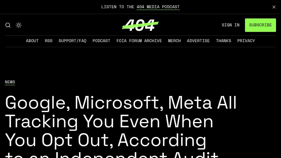 Screenshot of 404media.co: Google, Microsoft, Meta All Tracking You Even When You Opt Out