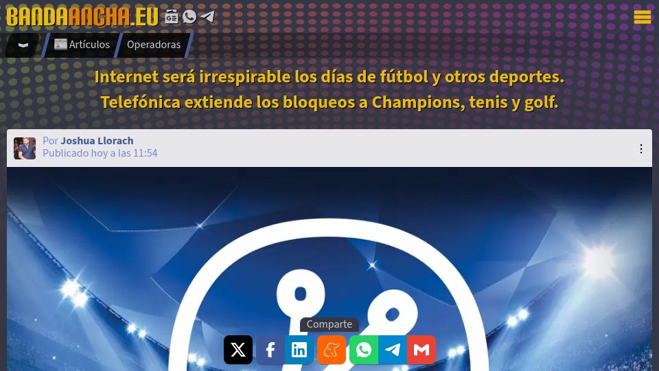 Screenshot of bandaancha.eu: Spain to expand internet blocks to tennis, golf, movies broadcasting times