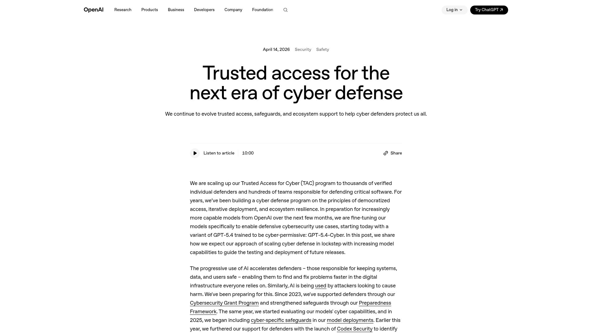 Screenshot of openai.com: Trusted access for the next era of cyber defense