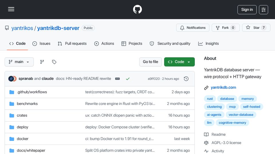 Screenshot of github.com: Show HN: A memory database that forgets, consolidates, and detects contradiction