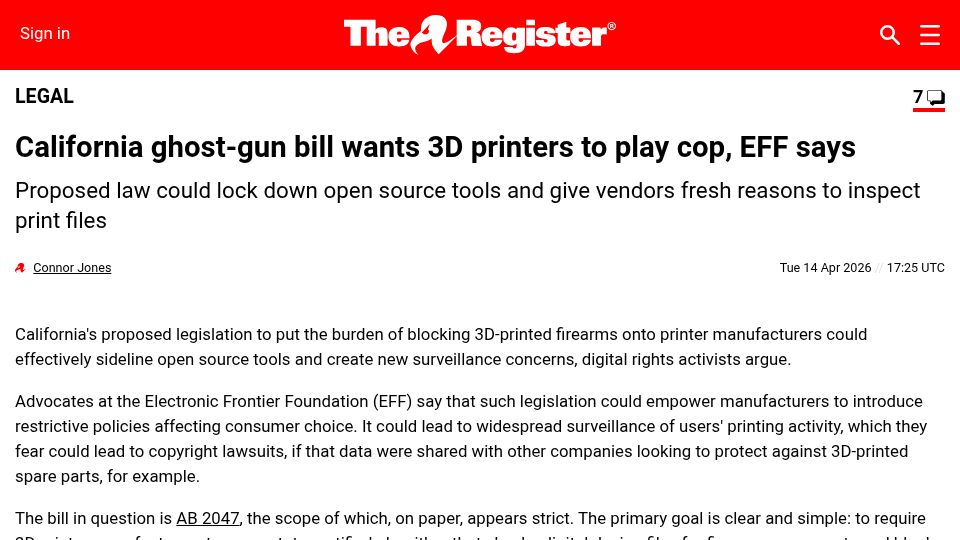 Screenshot of theregister.com: California ghost-gun bill wants 3D printers to play cop, EFF says