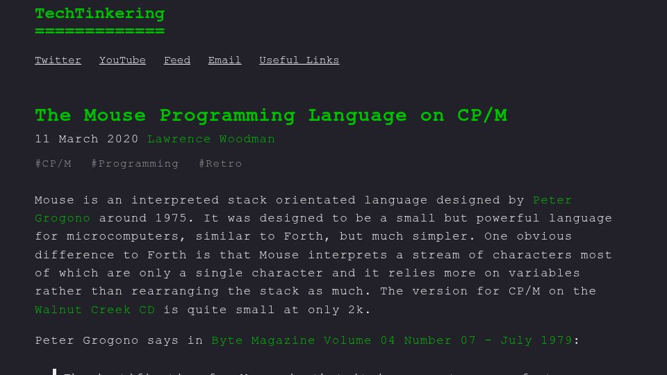 Screenshot of techtinkering.com: The Mouse Programming Language on CP/M (2020)