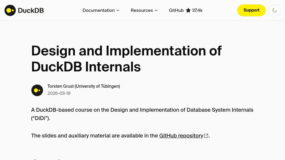 Screenshot of duckdb.org: Design and implementation of DuckDB internals
