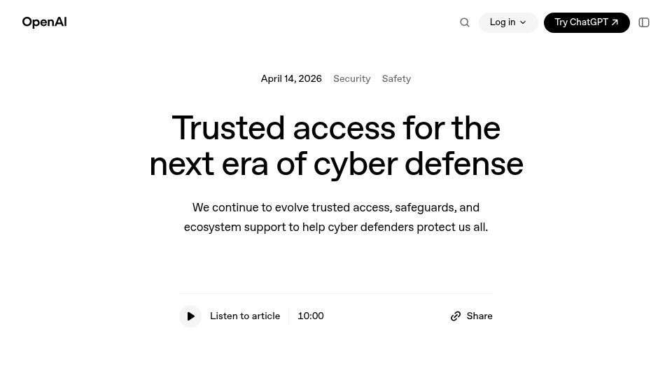 Screenshot of openai.com: Trusted access for the next era of cyber defense