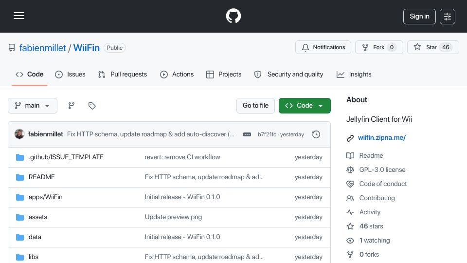 Screenshot of github.com: WiiFin – Jellyfin Client for Nintendo Wii