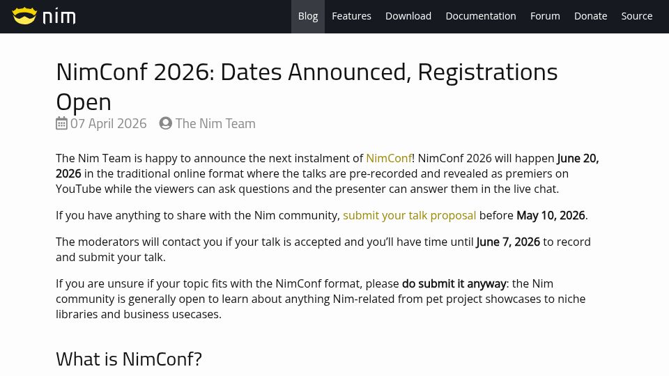 Screenshot of nim-lang.org: NimConf 2026: Dates Announced, Registrations Open