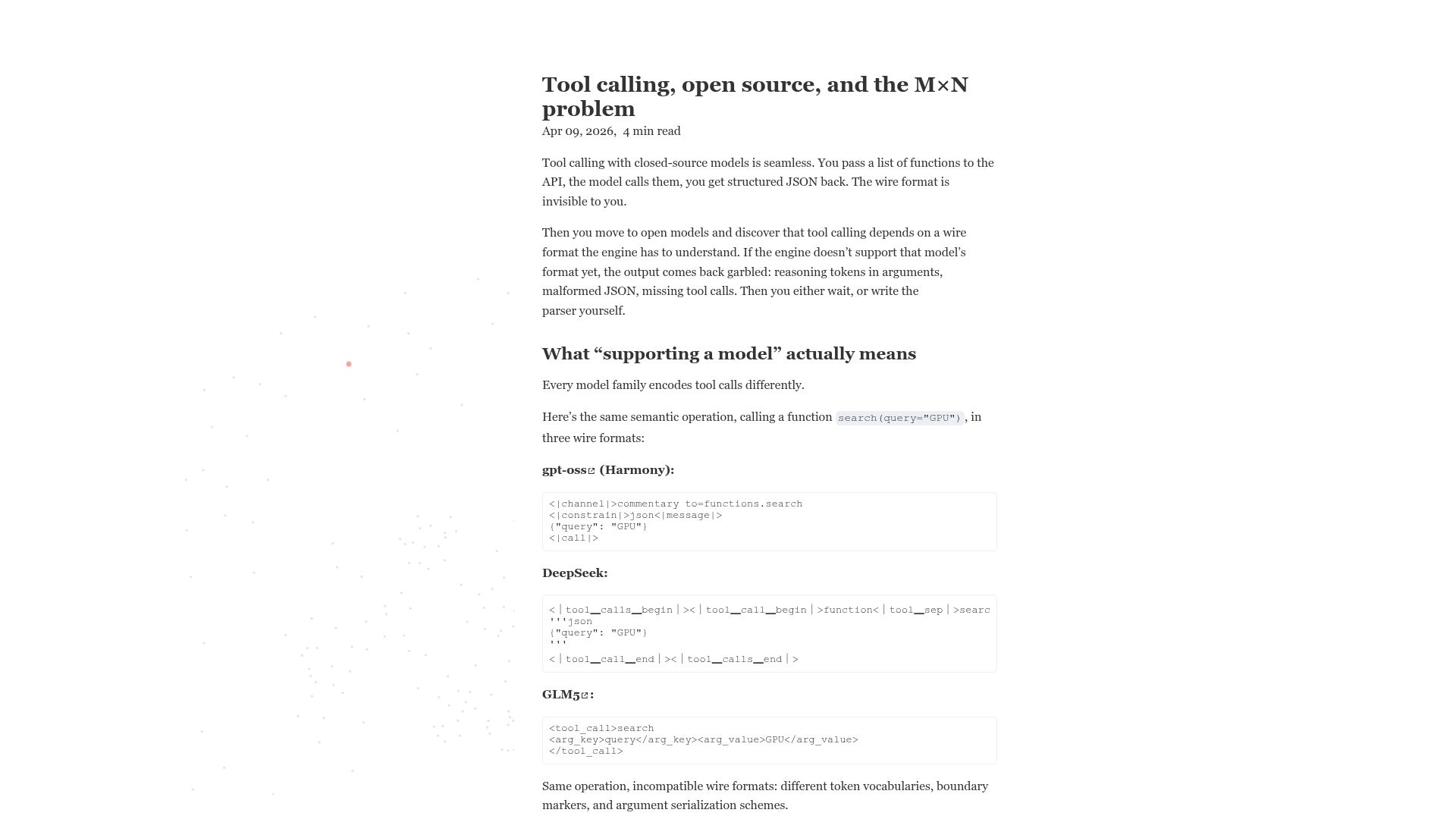 Screenshot of thetypicalset.com: The M×N problem of tool calling and open-source models