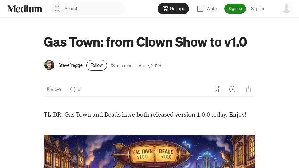 Screenshot of steve-yegge.medium.com: Gas Town: From Clown Show to v1.0