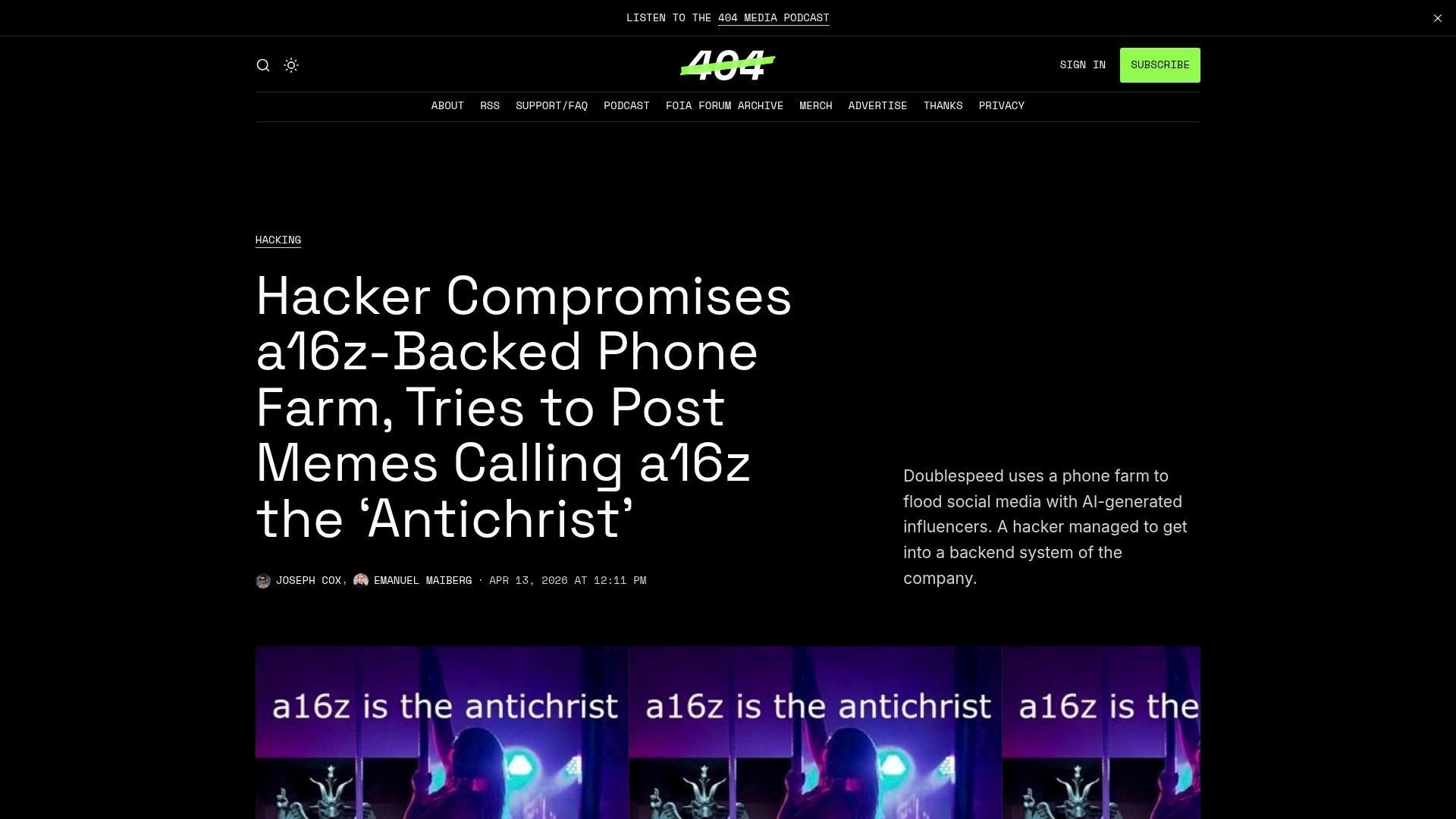 Screenshot of 404media.co: Hacker compromises A16Z-backed phone farm, calling them the 'antichrist'