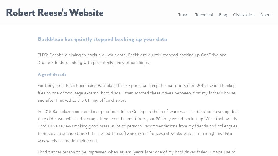 Screenshot of rareese.com: Backblaze has stopped backing up OneDrive and Dropbox folders and maybe others