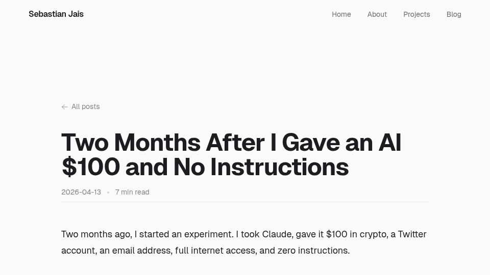 Screenshot of sebastian-jais.de: Two Months After I Gave an AI $100 and No Instructions