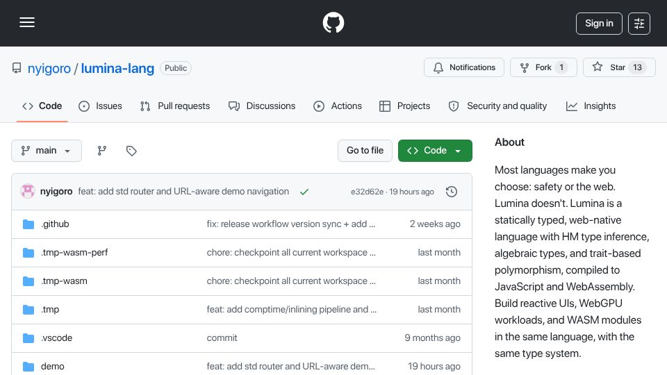 Screenshot of github.com: Lumina – a statically typed web-native language for JavaScript and WASM