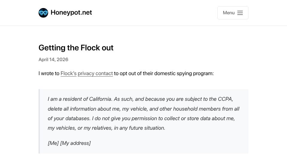 Screenshot of honeypot.net: I wrote to Flock's privacy contact to opt out of their domestic spying program