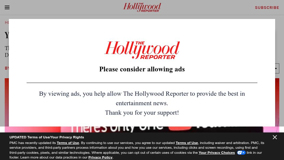 Screenshot of hollywoodreporter.com: YouTube now world's largest media company, topping Disney
