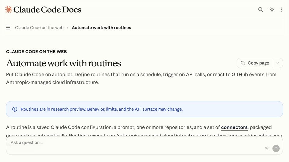 Screenshot of code.claude.com: Claude Code Routines