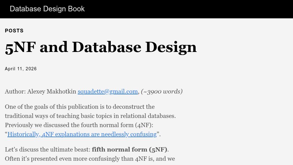 Screenshot of kb.databasedesignbook.com: 5NF and Database Design