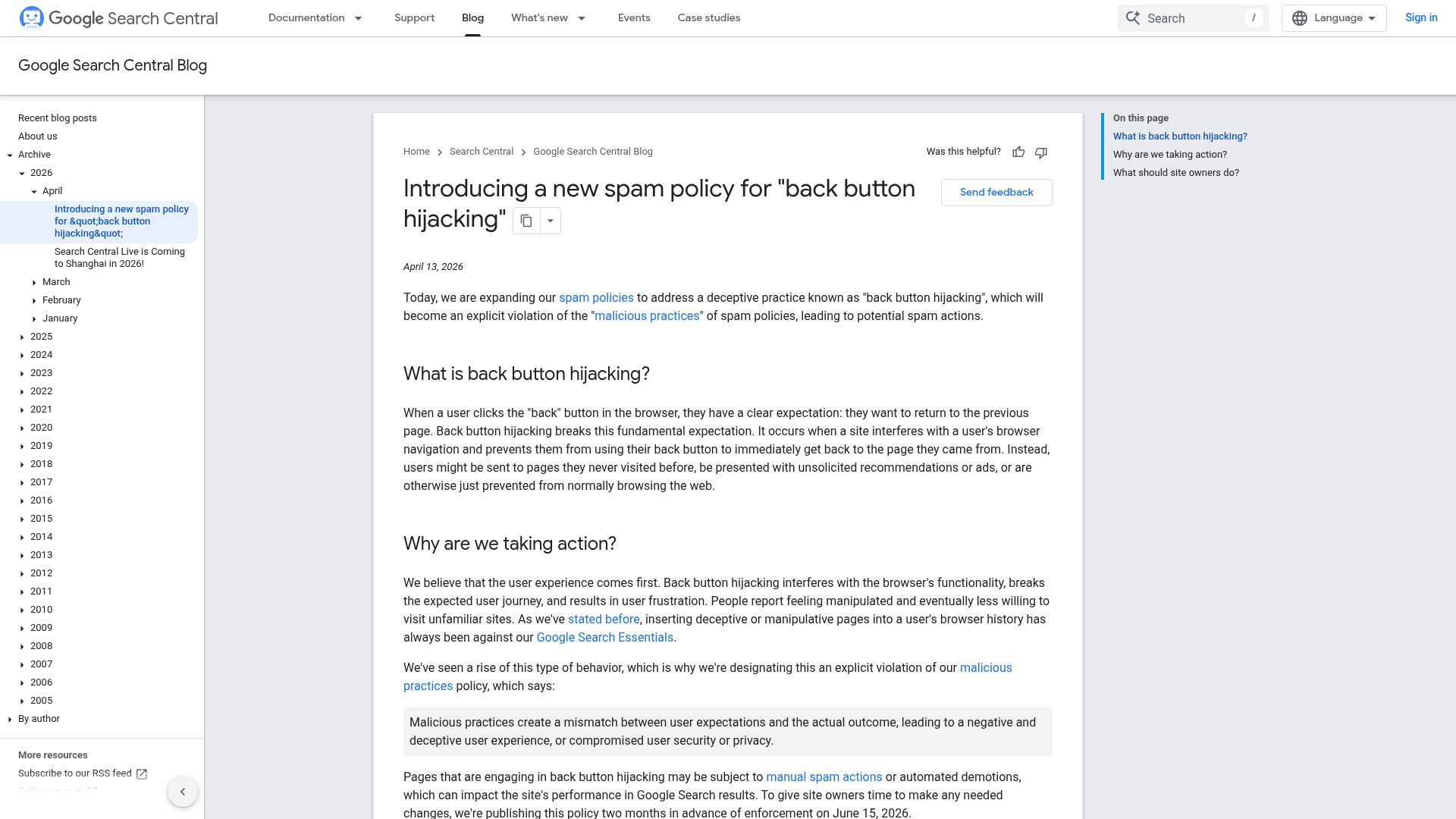 Screenshot of developers.google.com: A new spam policy for “back button hijacking”