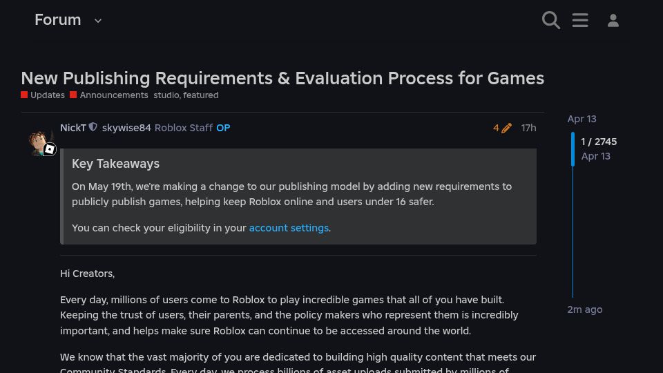 Screenshot of devforum.roblox.com: Roblox devs now need a subscription to share their games freely