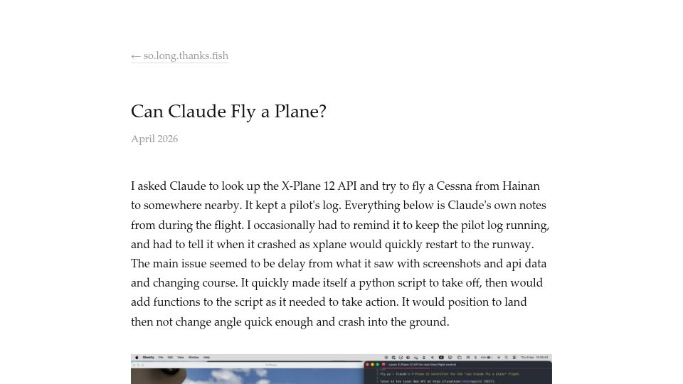 Screenshot of so.long.thanks.fish: Can Claude Fly a Plane?