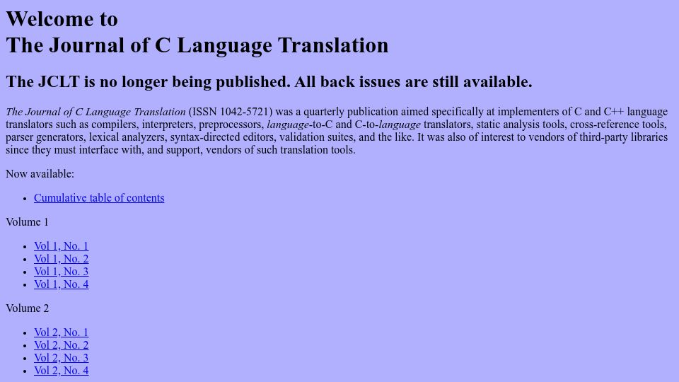Screenshot of jclt.iecc.com: The Journal of C Language Translation