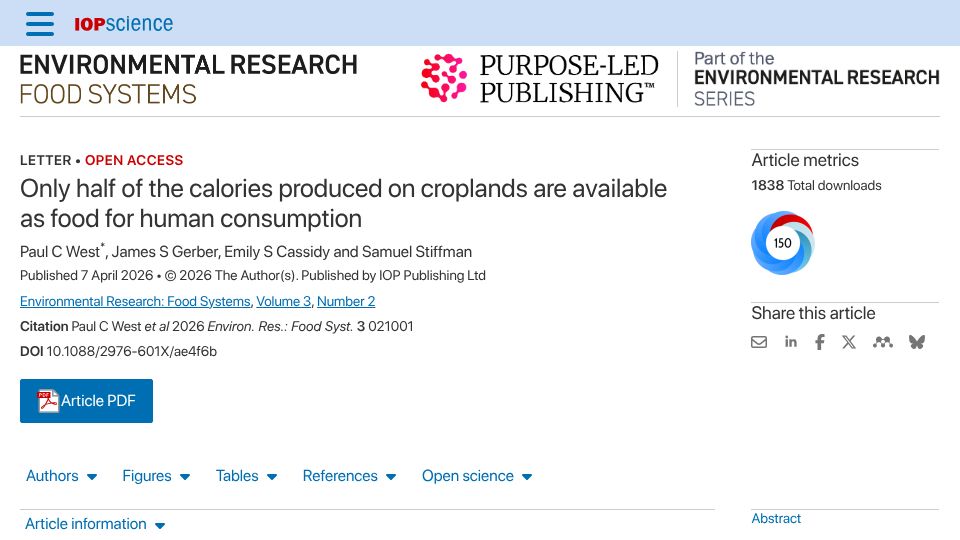 Screenshot of iopscience.iop.org: 40% of lost calories globally are from beef, needing 33 cal of feed per 1 cal