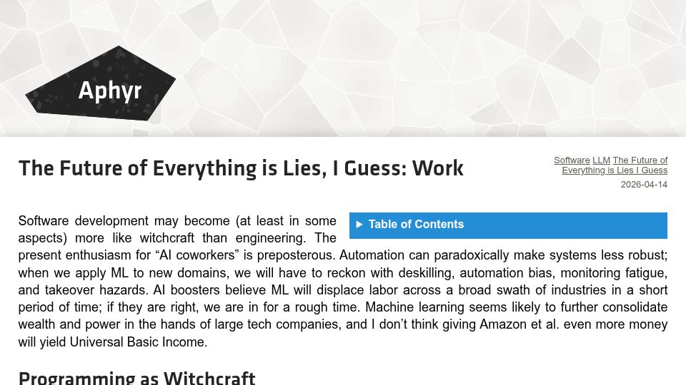 Screenshot of aphyr.com: The future of everything is lies, I guess: Work