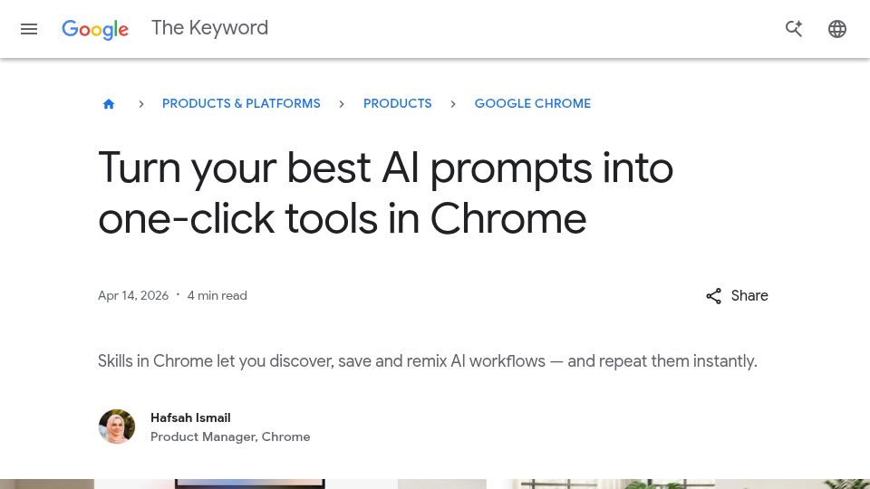 Screenshot of blog.google: Turn your best AI prompts into one-click tools in Chrome
