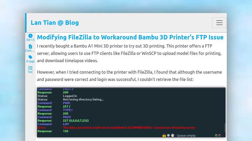Screenshot of lantian.pub: Modifying FileZilla to Workaround Bambu 3D Printer's FTP Issue