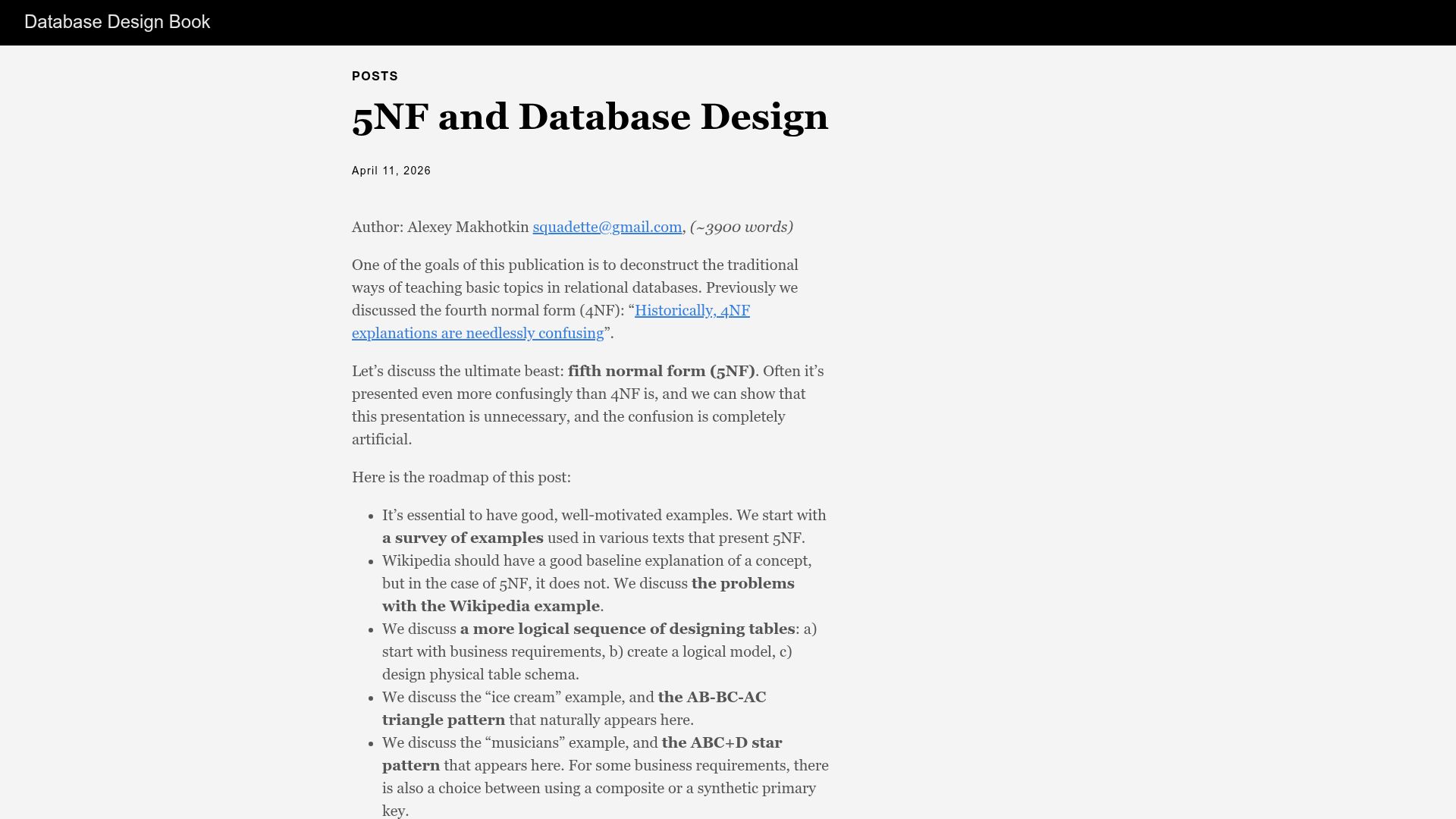 Screenshot of kb.databasedesignbook.com: 5NF and Database Design