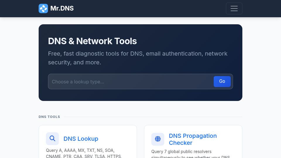 Screenshot of mrdns.com: Free, fast diagnostic tools for DNS, email authentication, and network security