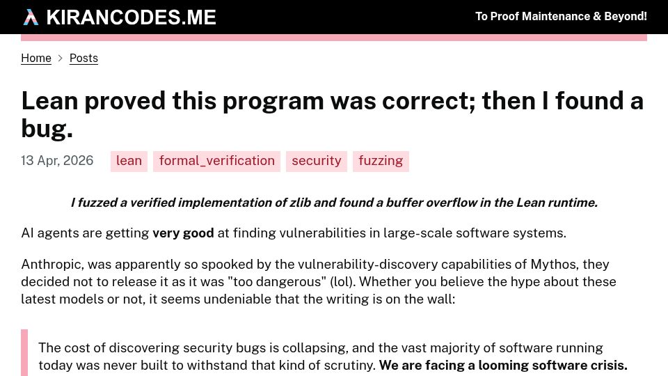 Screenshot of kirancodes.me: Lean proved this program correct; then I found a bug
