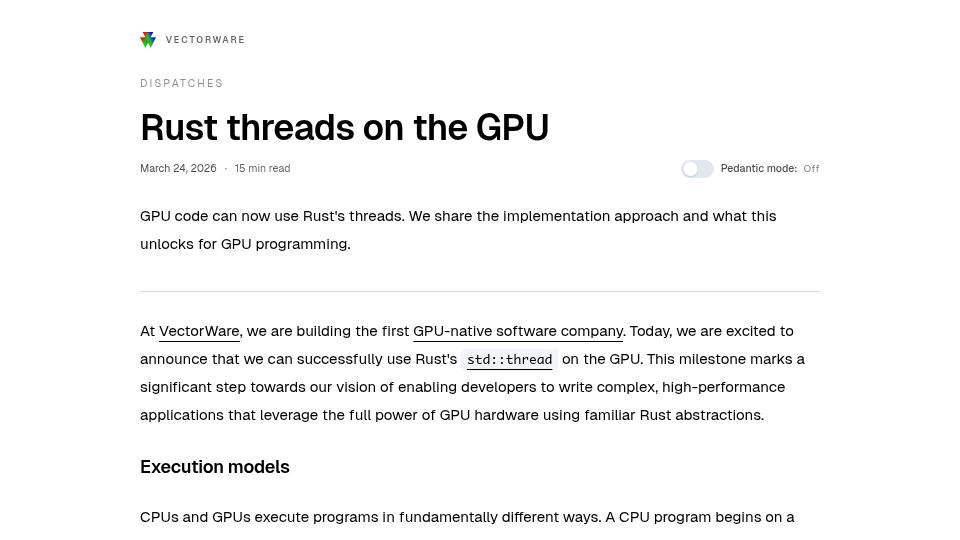 Screenshot of vectorware.com: Rust Threads on the GPU