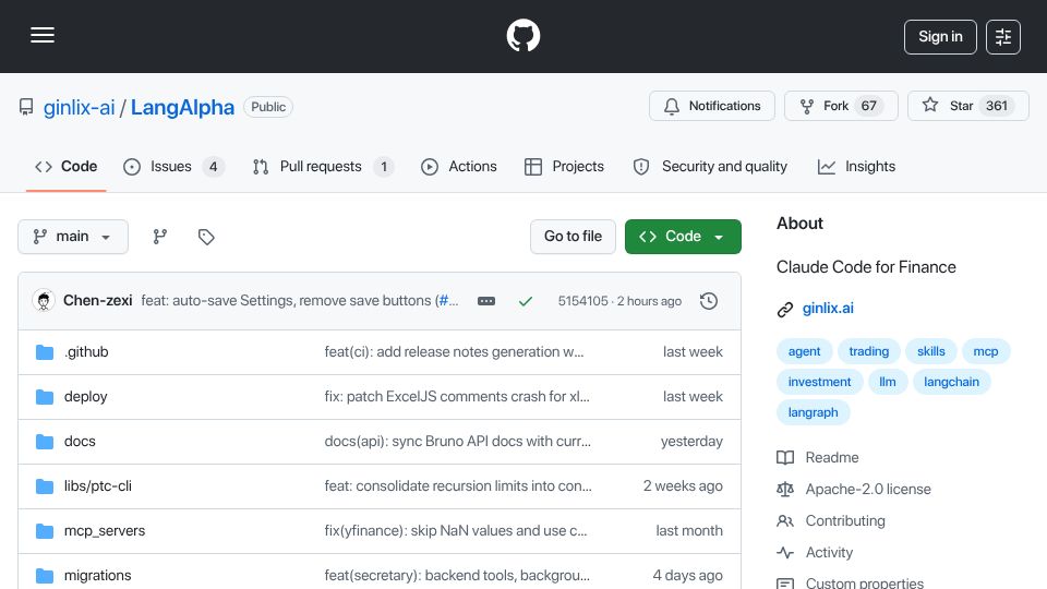 Screenshot of github.com: Show HN: LangAlpha – what if Claude Code was built for Wall Street?
