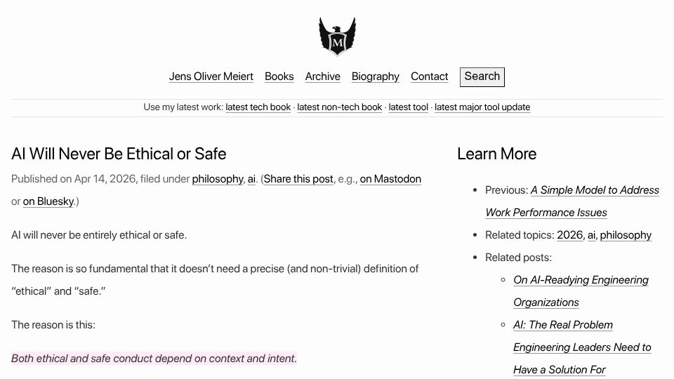 Screenshot of meiert.com: AI Will Never Be Ethical or Safe